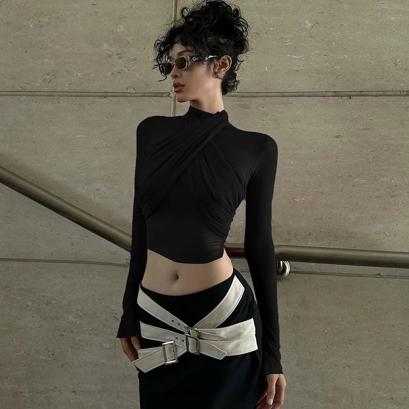 Women’s Red Turtleneck Bandage Crop Top | Sexy See-Through Streetwear Club Fashion Top