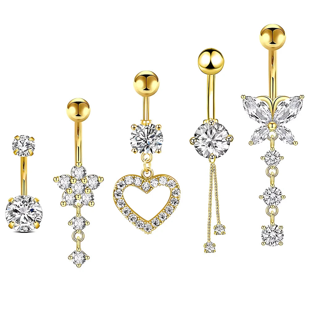 Women’s Belly Button – 5pcs Dangled Butterfly & Heart Navel Piercing Body Jewelry