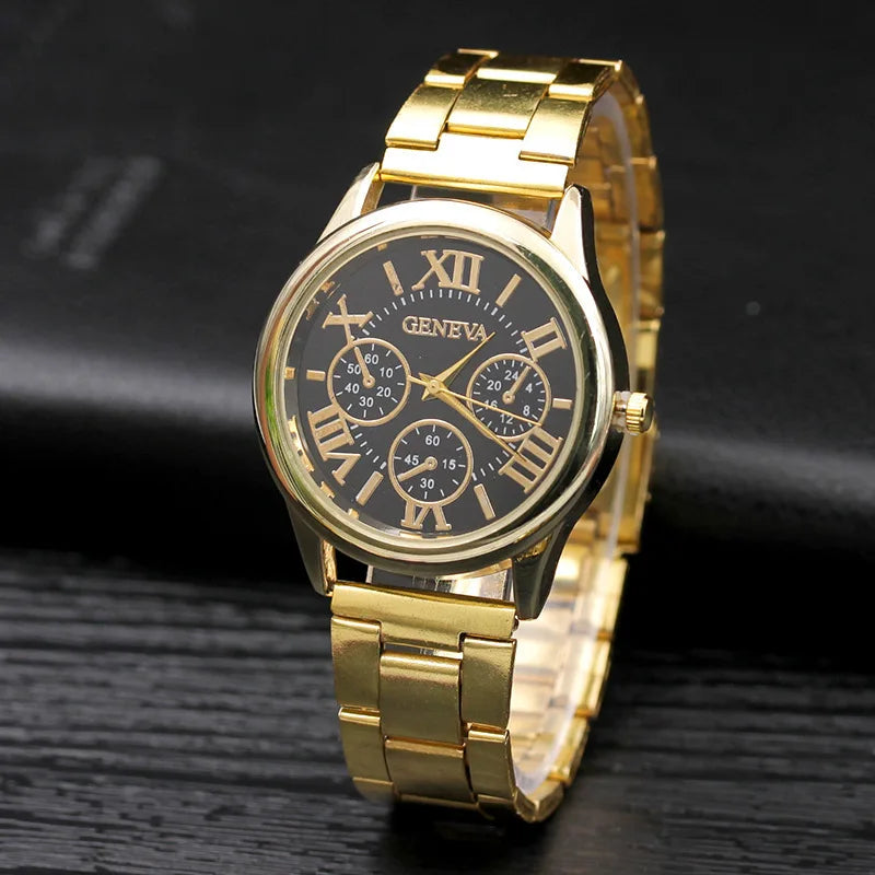 Men’s Light Luxury Watch – Gold Stainless Steel Wristwatch with 3-Eye Dial