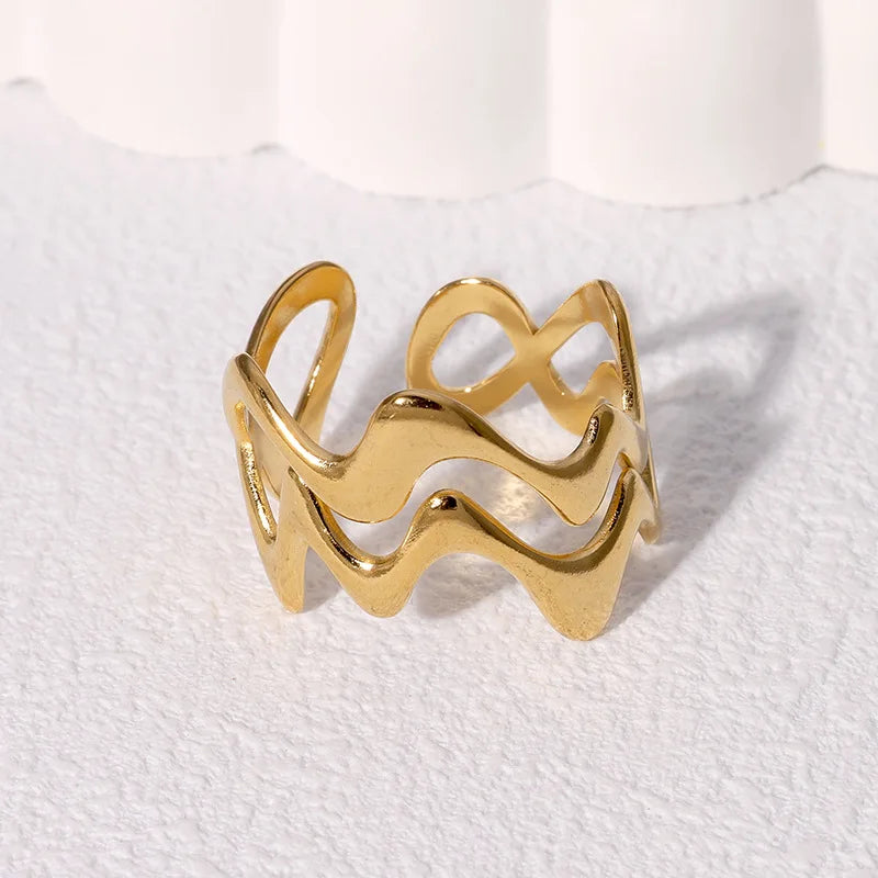 Women’s Irregular Wave Stainless Steel Ring – Adjustable Gold Color Statement Jewelry