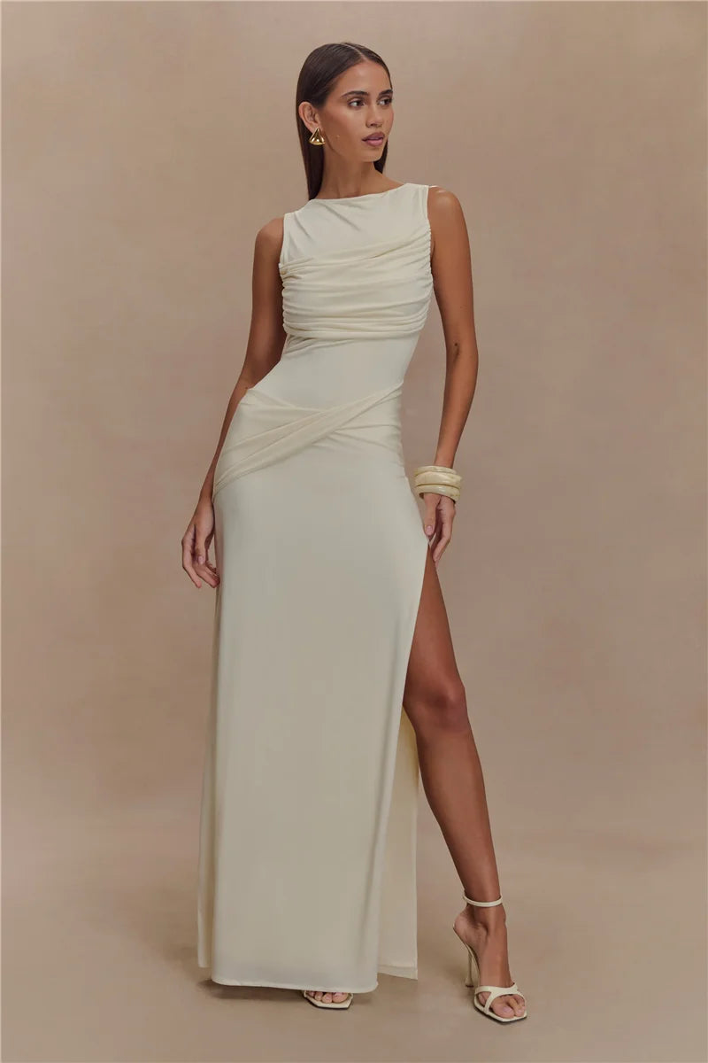 Women’s Backless Ruched Maxi Dress – Elegant Sleeveless High Split Summer Evening Gown