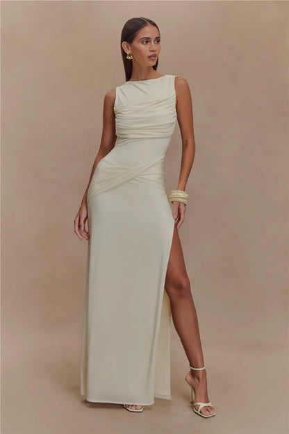 Women’s Backless Ruched Maxi Dress – Elegant Sleeveless High Split Summer Evening Gown