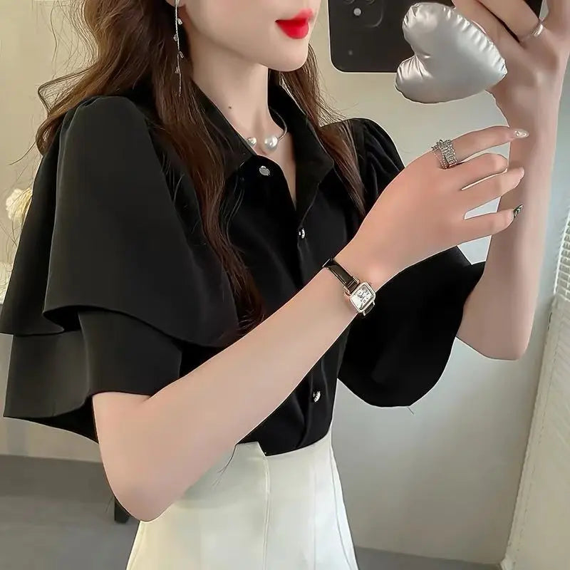Women’s French Loose Chiffon Top | Summer Solid Color Sleeve Elegant Shirt | Casual Lightweight Fashion Shirt