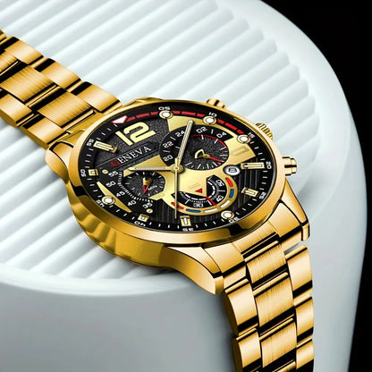 Men’s Luxury Quartz Watch Gift Jewelry Set – Gold Roman Calendar Wristwatch with Cross Necklace, Bracelet & Ring