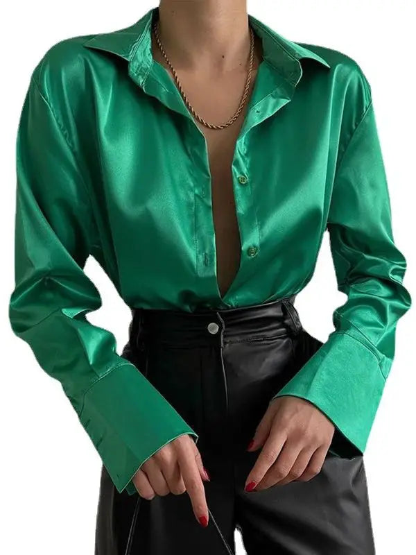Women’s Vintage Polo Collar Shirt Top – Loose Button-Up Office Blouse in Blue, Green & Black for Autumn Fashion