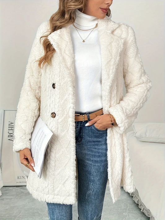Women’s White Plush Warm Outerwear – Thick Soft Winter Coat with Long Sleeves