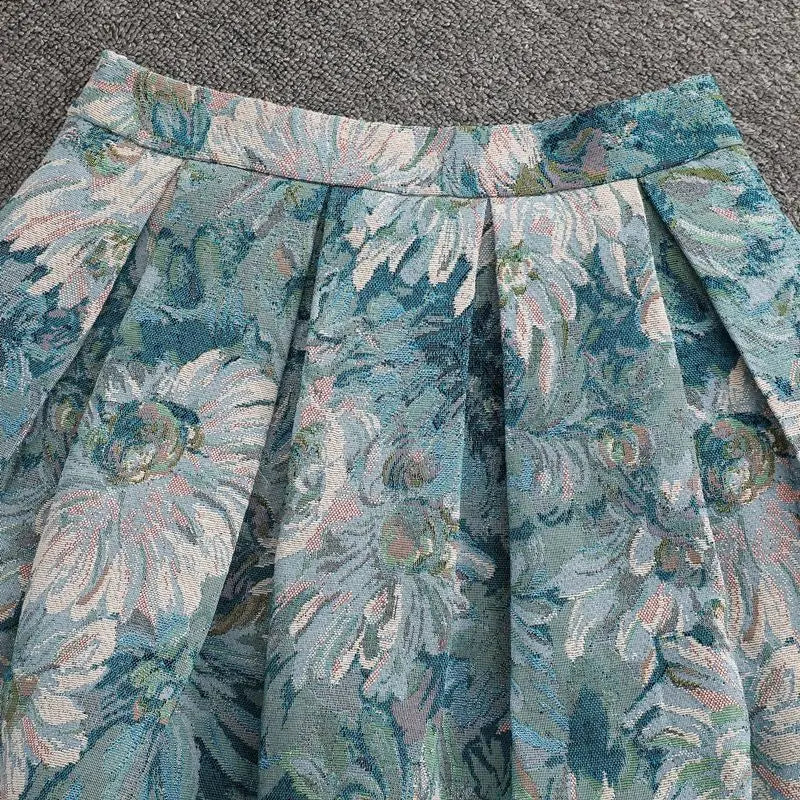 Women’s Sky Blue Floral Painting Skirt Bottom – High Waist A-Line Ball Gown Knee-Length Skirt