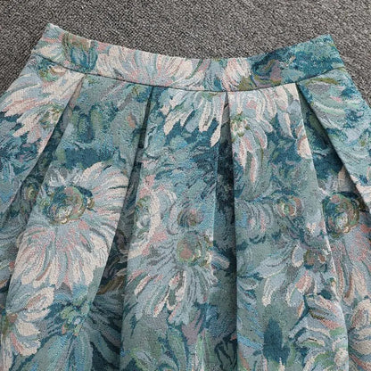 Women’s Sky Blue Floral Painting Skirt Bottom – High Waist A-Line Ball Gown Knee-Length Skirt