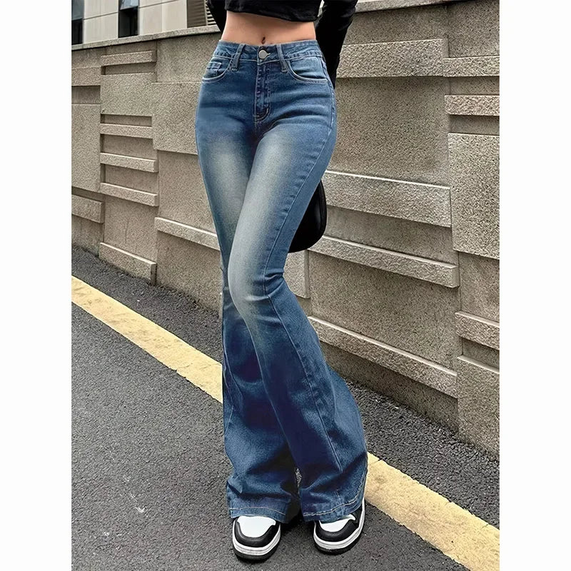 Women’s High Waist Flared Denim Bottom – Stretchy Bootcut Jeans with Bell Hem, Solid Color Casual Trousers