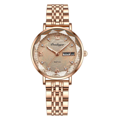 Women’s Luxury Stainless Steel Watch | Waterproof Luminous Quartz Wristwatch with Date & Week Display