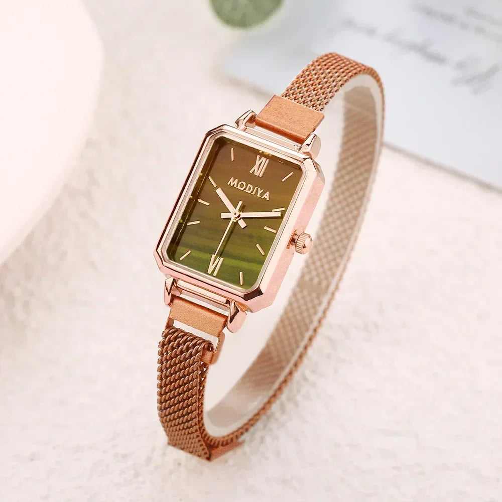 Women’s Square Green Dial Watch – Rose Gold Magnetic Mesh Strap Luxury Wristwatch