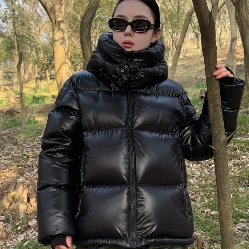 Women’s Glossy Puffer Jacket Outerwear – Short Hooded Down