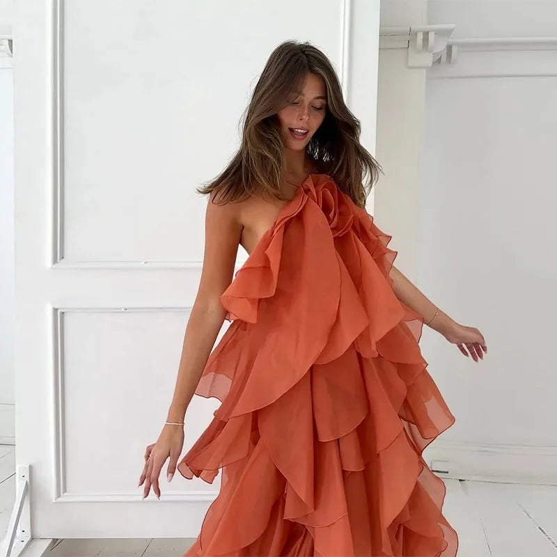 Women’s Ruffled Maxi Dress – Backless Sleeveless Slim Fit Summer Beach & Party Dress
