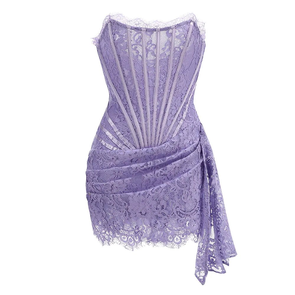 Women’s Strapless Lace Sexy Mini Dress – Elegant Party Sheer Patchwork Slim Fit Gown