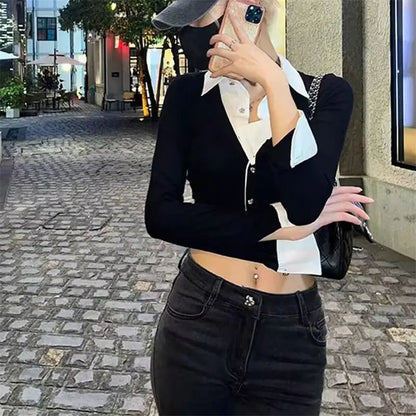 Women’s Y2K Autumn Splicing Fake Two Piece Crop Top Shirt | Slim Fit Long Sleeve Cardigan Style Street Fashion Top