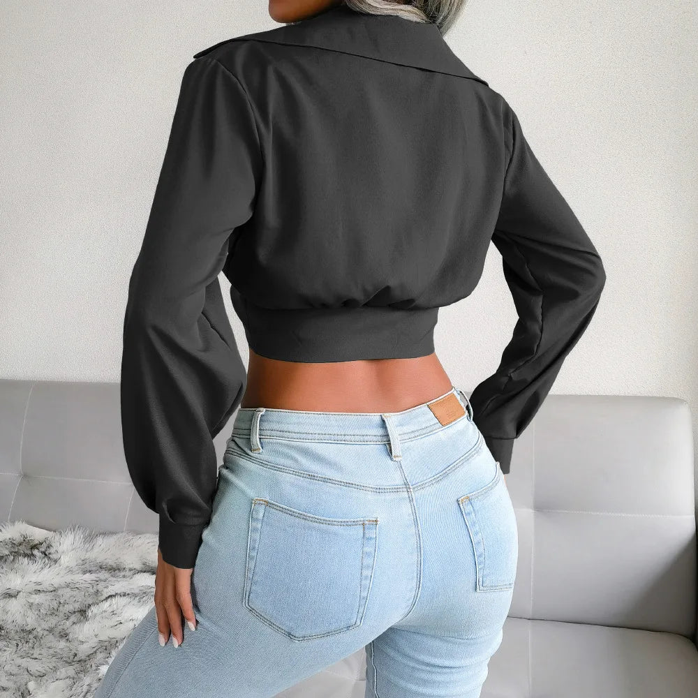 Women’s Sexy Long Sleeve Notched Crop Top | Khaki Slim Fit Short Top | Spring Autumn Casual Streetwear Tee