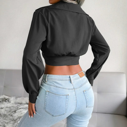 Women’s Sexy Long Sleeve Notched Crop Top | Khaki Slim Fit Short Top | Spring Autumn Casual Streetwear Tee