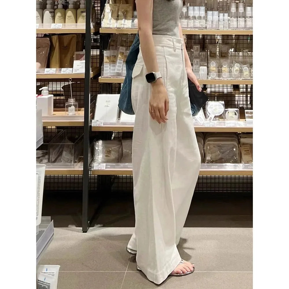 Women’s White Cotton Linen Wide Leg Pants Bottom – High Waist Casual
