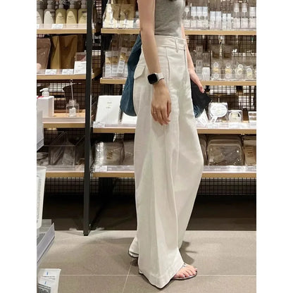 Women’s White Cotton Linen Wide Leg Pants Bottom – High Waist Casual