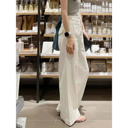 Women’s White Cotton Linen Wide Leg Pants Bottom – High Waist Casual