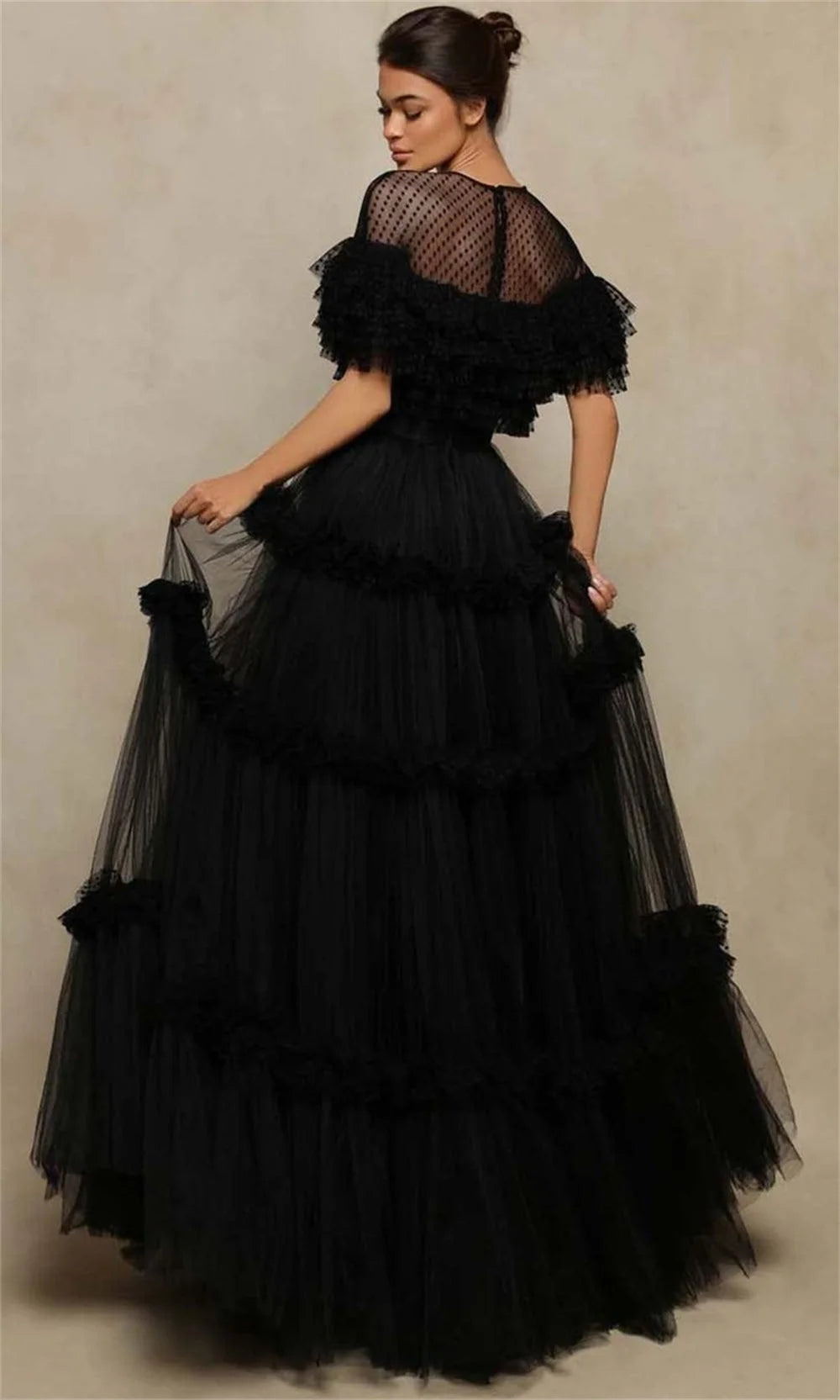 Women’s Black Tulle A-Line Evening Dress – Elegant Multilayer Prom Gown