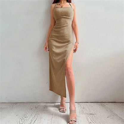Women’s Black Halter Neck Maxi Dress – Sleeveless High Split Elegant Summer Evening Party Dress