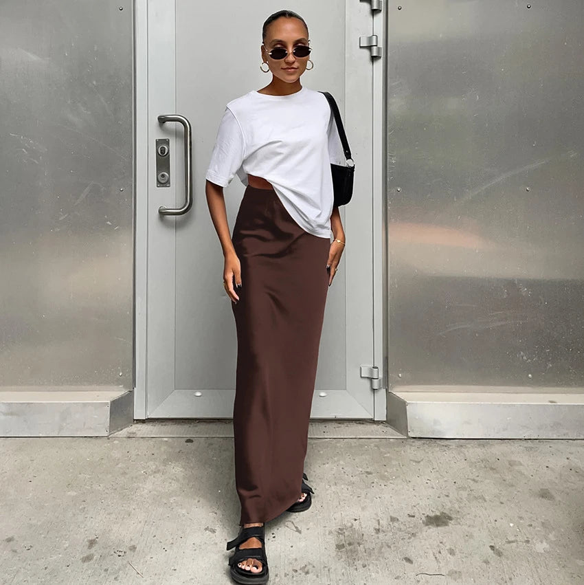 Women’s Satin High Waist Midi Skirt Bottom – Elegant Chic High Street Style