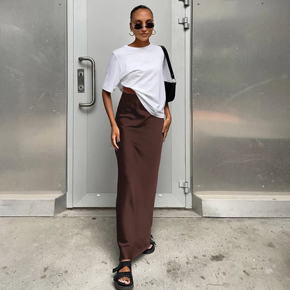 Women’s Satin High Waist Midi Skirt Bottom – Elegant Chic High Street Style