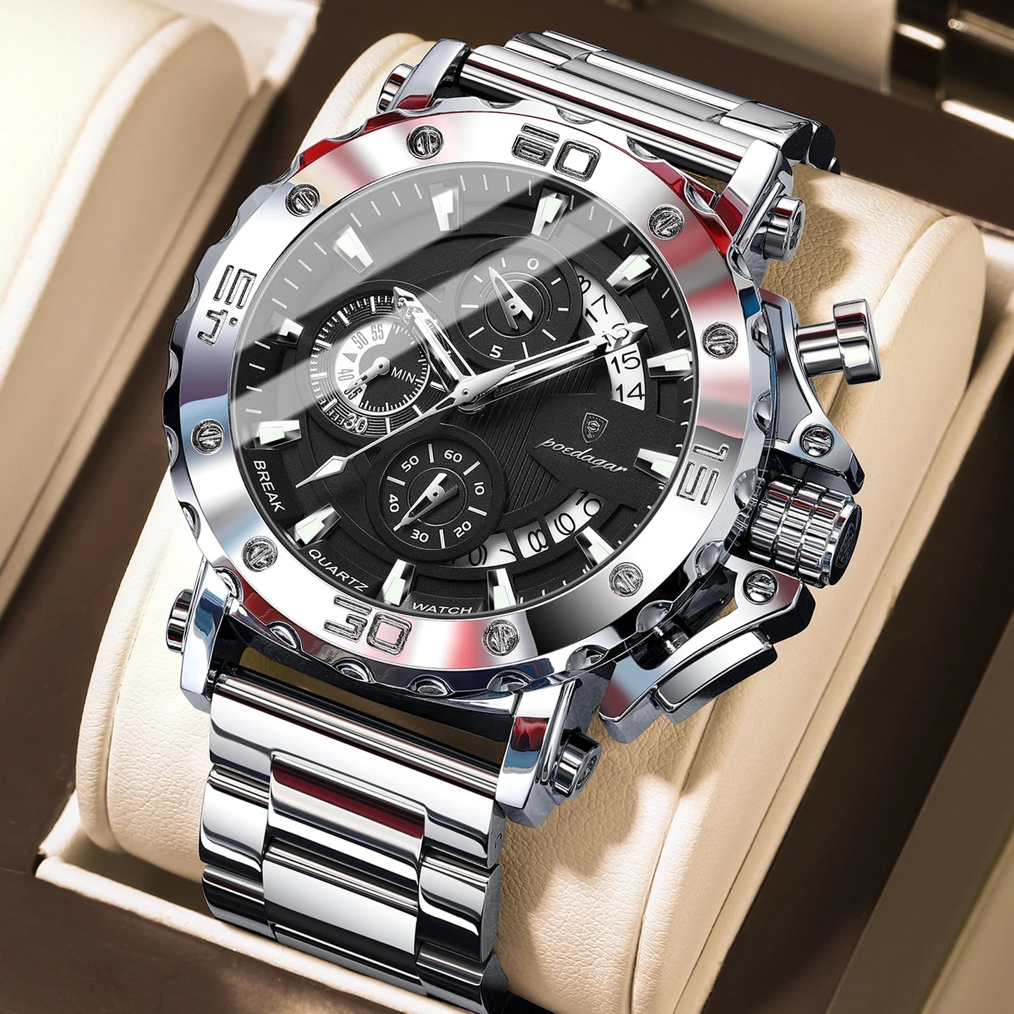 Men’s Luxury Stainless Steel Chronograph Watch – Waterproof Wristwatch with Calendar & Luminous Dial