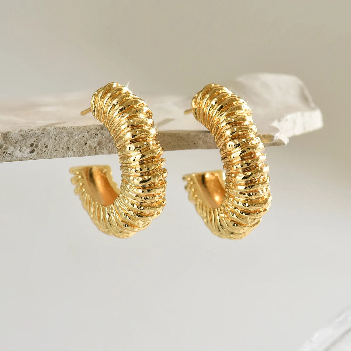 Women’s Jewelry Textured C Hoop Earrings | Elegant | Gold PVD Plated | Party