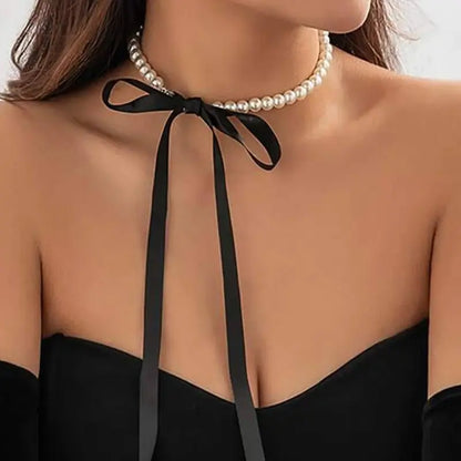 Women’s Jewelry Pearl Velvet Bow Choker Necklace | Elegant | Lace Up | Party