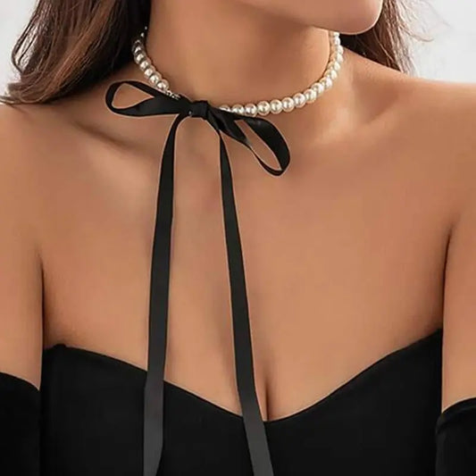 Women’s Jewelry Pearl Velvet Bow Choker Necklace | Elegant | Lace Up | Party
