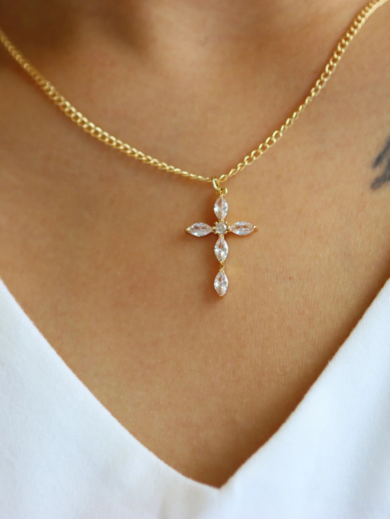 Women’s Jewelry Zircon Cross Pendant Necklace | Elegant | Gold Tone | Long Chain
