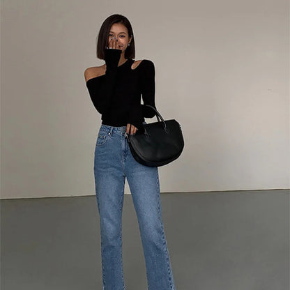 Women’s Skew Collar Off-Shoulder Long Sleeve Crop Top – Sexy Hollow Out Slim Fit Spring Top