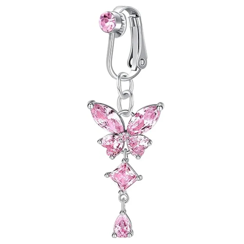 Women’s Clip-On Belly Button – Butterfly Zircon Pink Fake Navel Piercing Jewelry