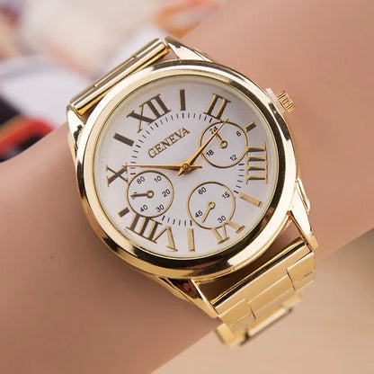 Men’s Light Luxury Watch – Gold Stainless Steel Wristwatch with 3-Eye Dial