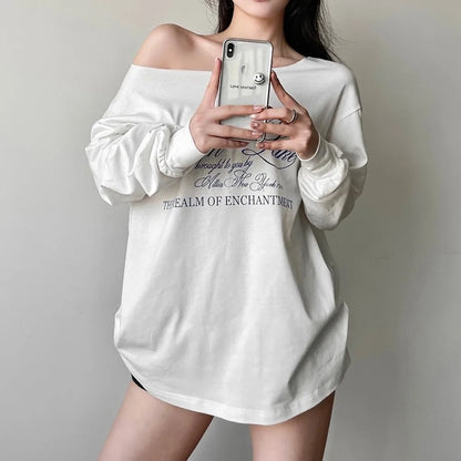 Women’s Asymmetrical Letter Print Strapless Long Sleeve Casual Top