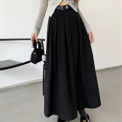 Women’s Pleated Long Skirt Bottom – Solid Color Mid-Length Large Swing Skirt Versatile Elegant Style