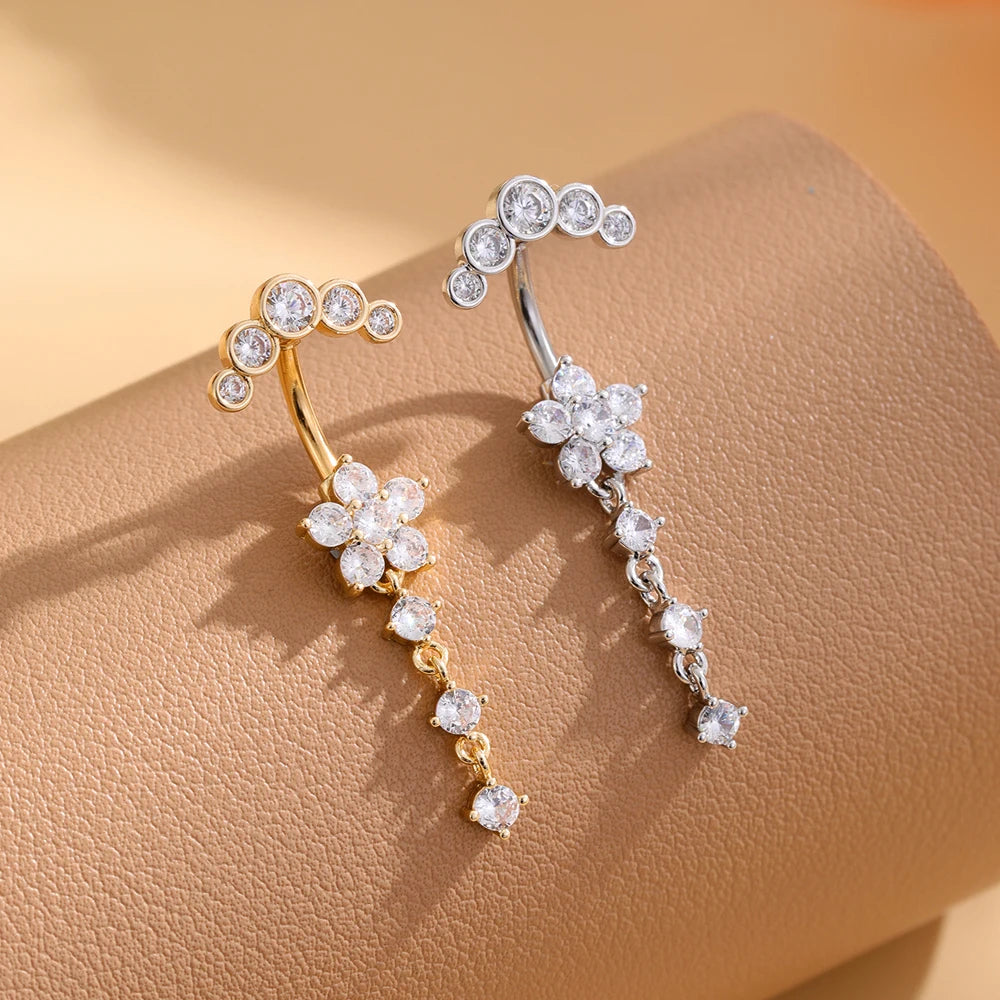 Women’s Gold Stainless Steel Belly Button – Long Dangle Flower CZ Crystal Navel Piercing Jewelry