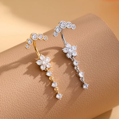 Women’s Gold Stainless Steel Belly Button – Long Dangle Flower CZ Crystal Navel Piercing Jewelry