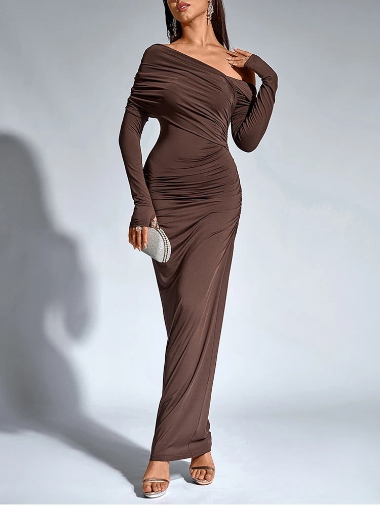 Women’s One Shoulder Asymmetric Elegant Maxi Dress – Long Sleeve Ruched Party Gown