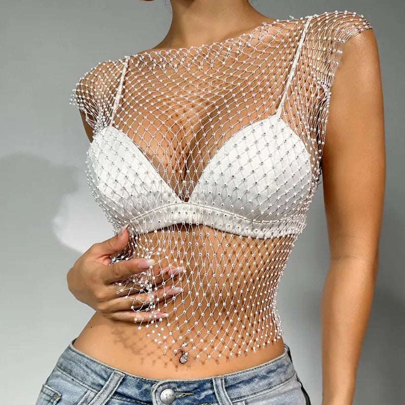 Women’s Sexy Shiny Fishnet Tank Top | Y2K See Through Crop Top | Summer Beach Party Top