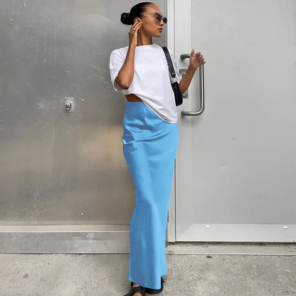 Women’s Satin High Waist Midi Skirt Bottom – Elegant Chic High Street Style