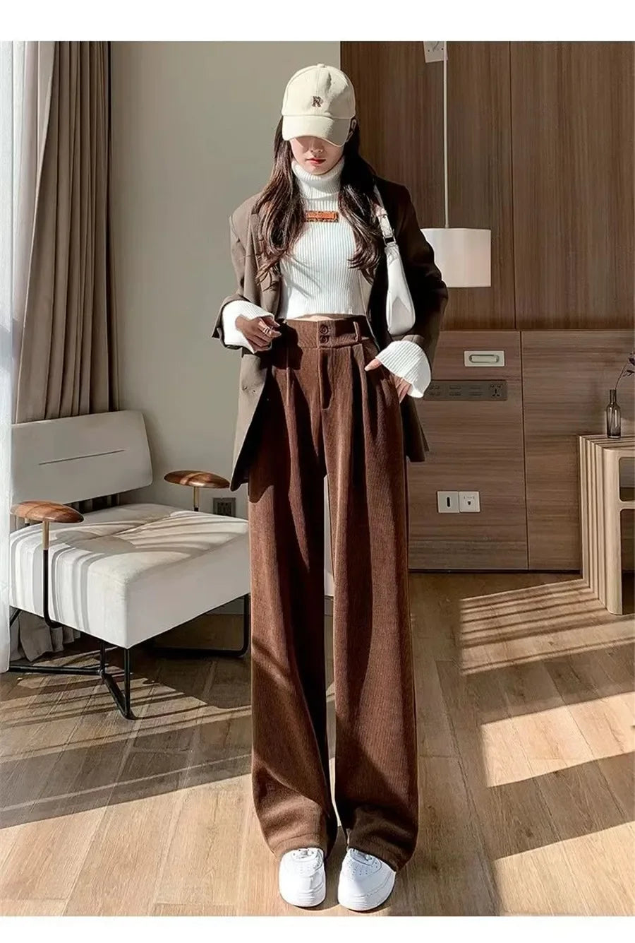Women’s High Waist Warm Wide Leg Pants Bottom – Winter Thick Velvet