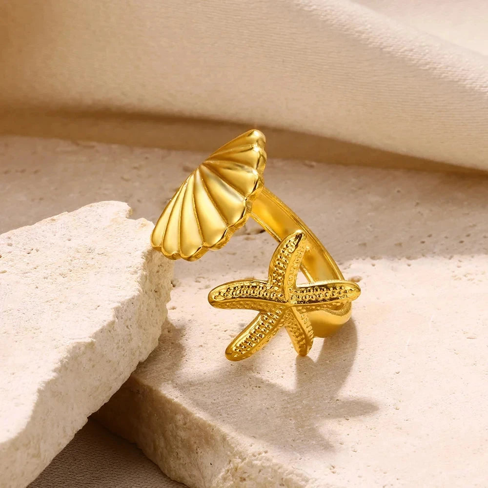 Women’s Jewelry Shell Star Open Ring | Trendy | Gold Tone
