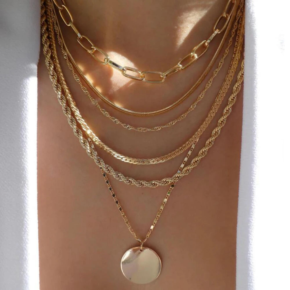 Women’s Jewelry Boho Layered Crystal Pendant Necklace | Vintage | Gold Tone | Trendy
