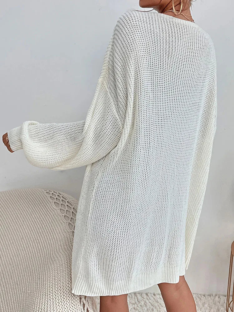 Women’s Elegant Knit Outerwear – Solid Color Medium-Long Versatile Jacket