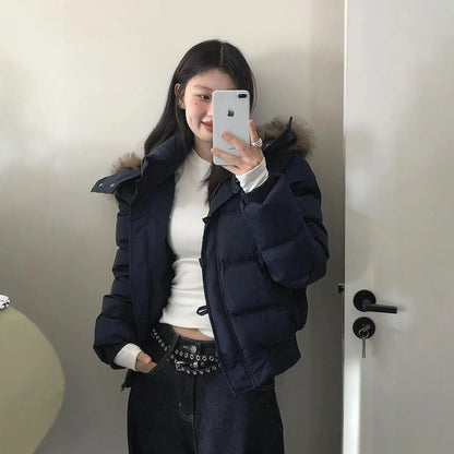 Women’s Short Hooded Outerwear – Warm Fur Collar Puffer Jacket