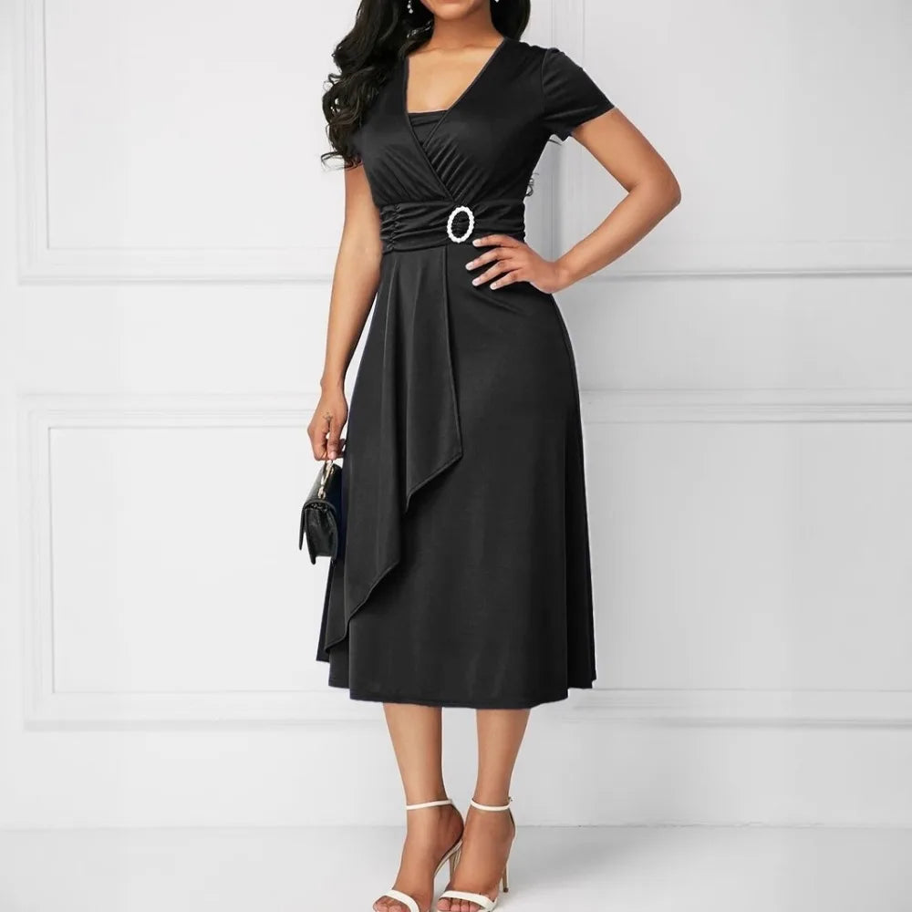 Women Square Neck Ruched Short Sleeve Ruffles Side High Waist Belt Irregular Dress Summer Elegant Sexy Evening Elegant Dresses