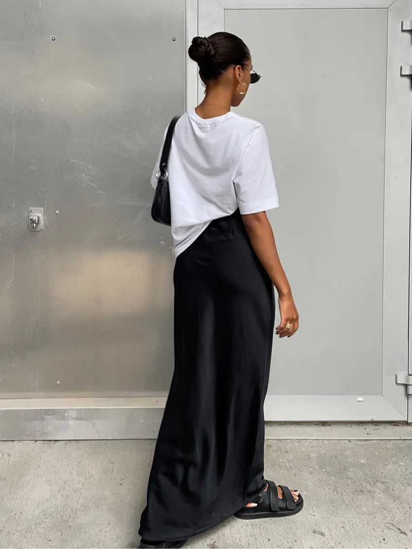 Women’s Satin High Waist Midi Skirt Bottom – Elegant Chic High Street Style